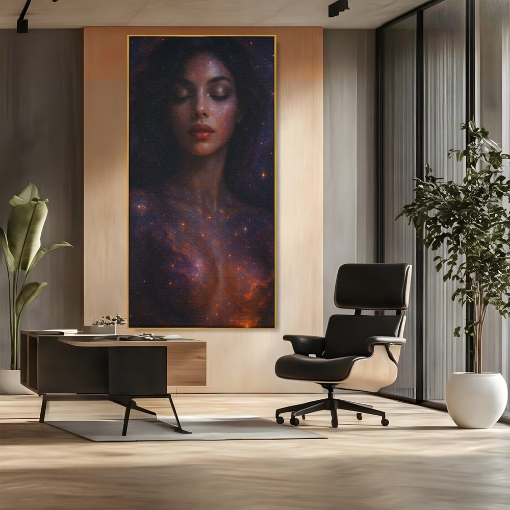 Tablou canvas cu tablou canvas cu femeie si galaxie, in rama de aluminiu auriu, pe perete intr-un birou